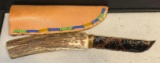 Native American Handmade Deer Antler Handle with Obsidian Knife Blade and Leather Beaded sheath