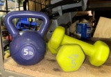 Pair of 5 lb Hand Weights and 5lb Kettle Bell