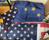 2 American Flags and Alaska State Flag