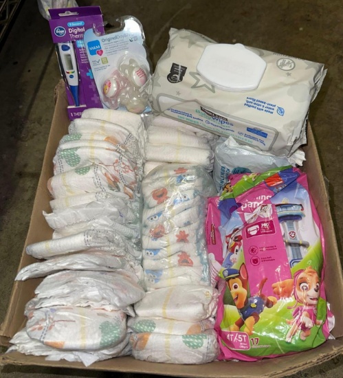 Box Full of Diapers size 1-4, 3 Packs of Wipes, Digital Thermometer and 3pk pacifiers- ALL New