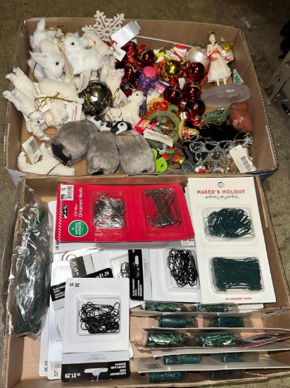 2 Boxes of Christmas Ornaments and Ornament Hooks- Most are New