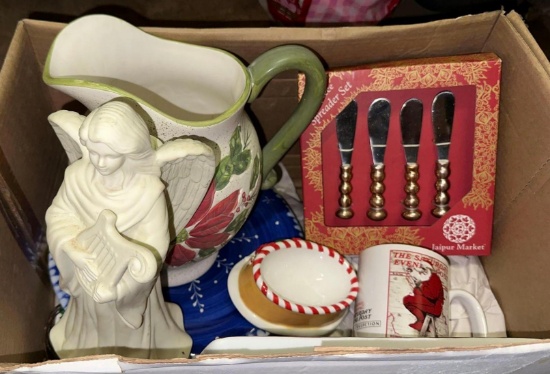 Christmas Dishes, Pitcher, Spreader knives and Angel