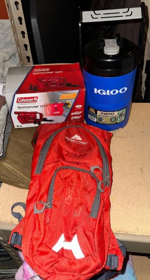 Camping Lot- Coleman Quick pump, Hiking Backpack and Igloo Beverage Cooler