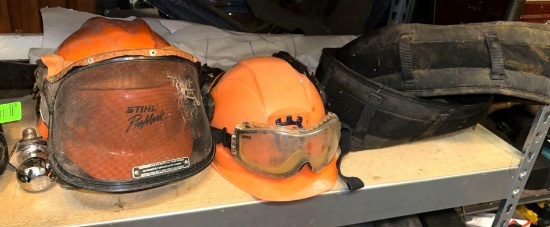2 Helmets w/ Earmuffs and 2 tool Belts