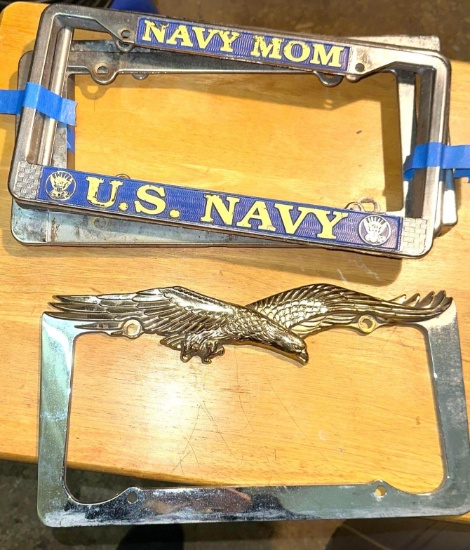7 License Plate Frames- 1-Flying Eagle, 1 US Navy Mom and 5 Metal