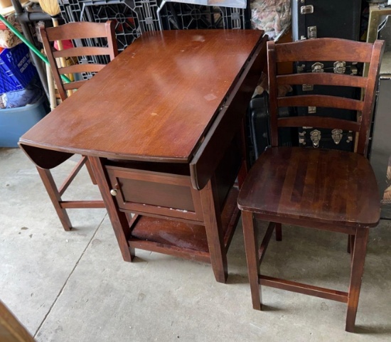 Drop Leaf Pub Table with 2 Chairs - Cabinet on table base for storage