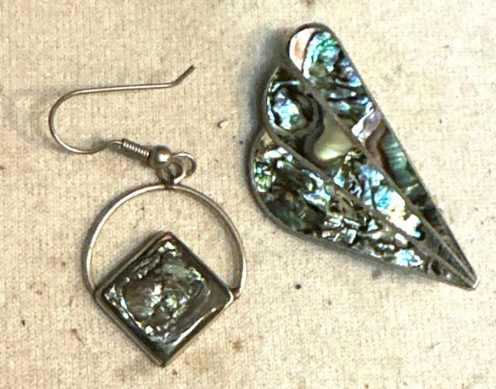 Sterling silver Pin and Sterling silver Single Earring both with Abalone Shell