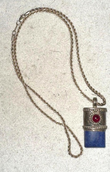22" Sterling Silver Necklace with Ruby & Lapis Pendant wrapped w/Silver