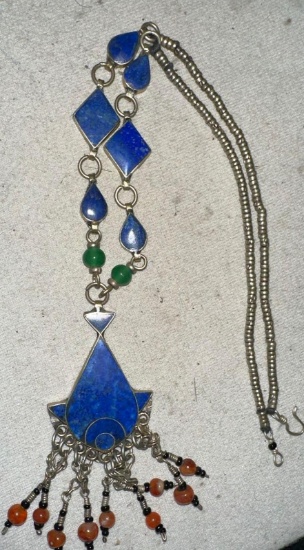 Beautiful Sterling Silver Necklace w/Lapis, Carnelian and Jade Gemstones