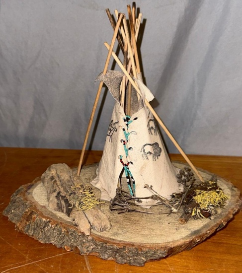 Handmade Painted Hide Tepee Sioux Indian set in Diorama