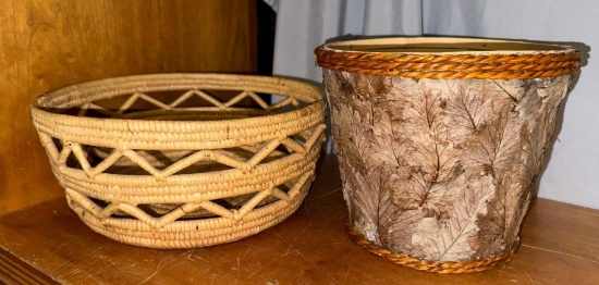 7" Wood Leaf Basket with Dried Leaves and Basket (which looks like a Papago Basket?)