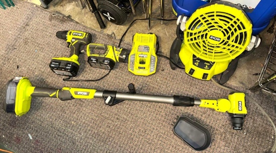 Ryobi Tool Lot- Misting Fan, Drill, Flashlight, Telescoping Scrubber, 2-18V Batteries &Charger-works