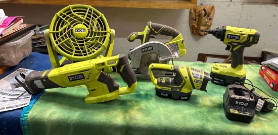 Ryobi Tool Lot-Reciprocating saw, Fan, Drill, Circular Saw,flashlight,2-18v Batteries&charger-Works