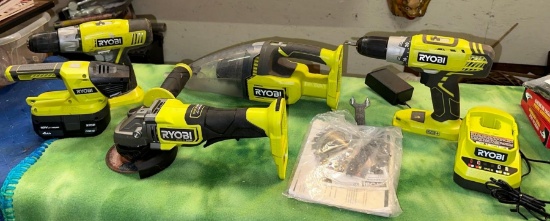 Ryobi Tool Lot-2 Drills, Angel Grinder, Vacuum, Worklight, 18v Battery & Charger- Works