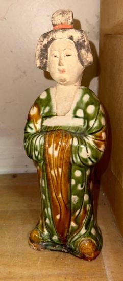 Chinese Women Statue The Green and Brown Slip in Constantant with 1900-10 Slip - 9" tall