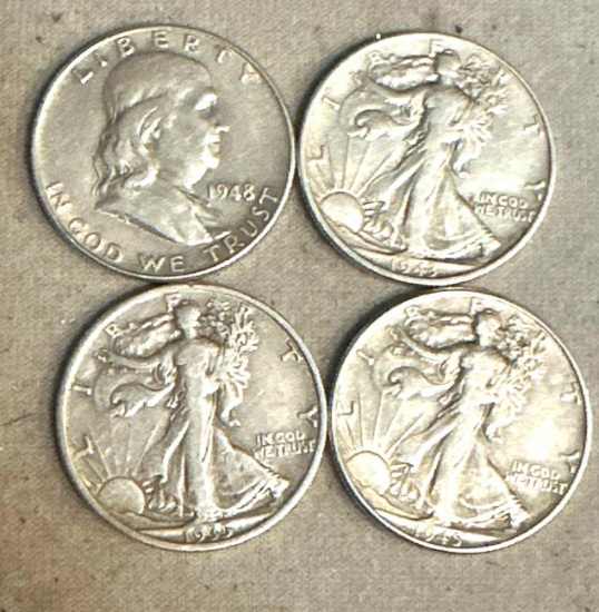 4 Silver Half Dollars- 3 Walking Liberty and 1 Benjamin Franklin