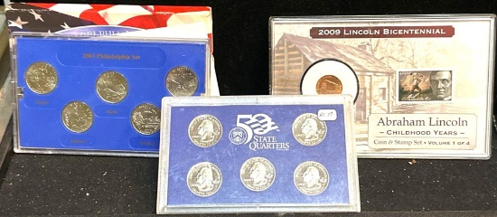 10 US Mint State Quarters Proof sets and Abraham Lincoln Coin & stamp set