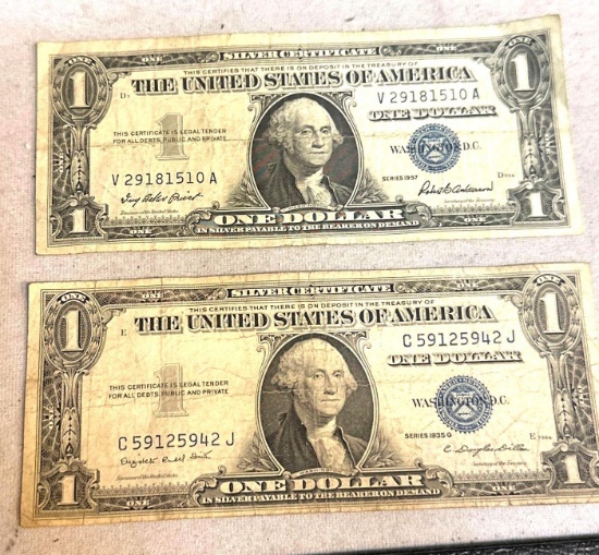 Two Blue Seal $1 Bills- 1957 & 1935 G