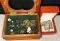 2 Wood Boxes with Gold tone Jewelry (Rings, Bracelets, 10k tigers eye earrings) & Rhinestone Bug