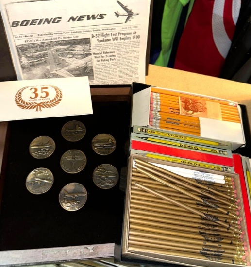 Vintage Boeing Plaque and Huge Lot of Vintage Boeing Pencils