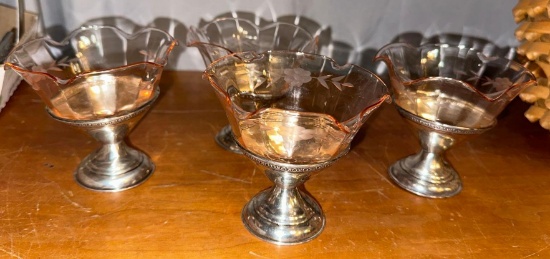 4 Pink Depression Glass Sherbets with Sterling Silver Bases