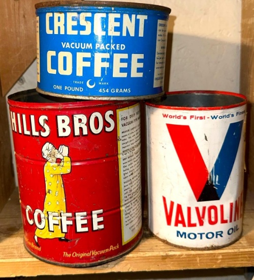 3 Vintage Tin Cans- Crescent Coffee , Hills Bros & Valvoline
