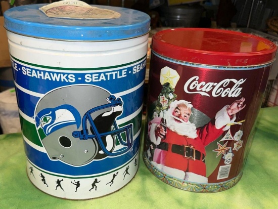 Vintage Seahawks Popcorn Tin and Coca Cola Popcorn Tin
