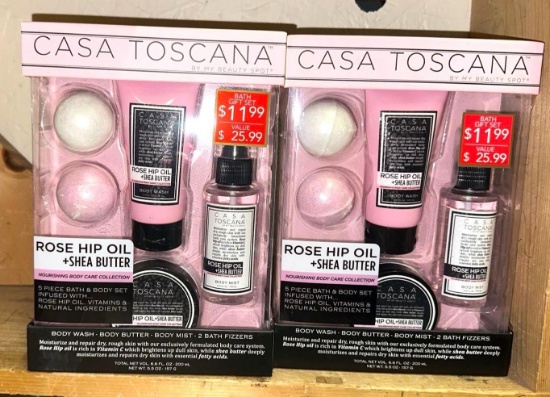2 New CASA Toscana Rose Hip Oil 5pc Bath & Body Sets