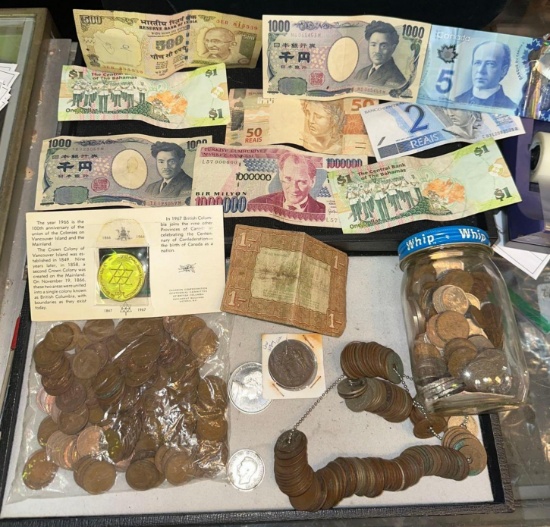 Large Group of Foreign Coins and Currency