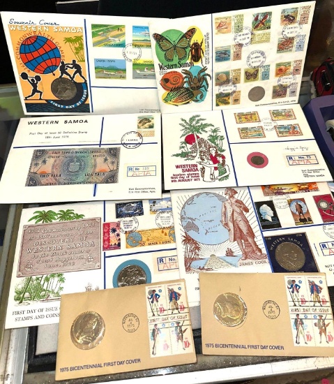 6- 1970's Western Samoa Coin/Currency &1st day issue stamp sets &2-1975 Bicentennial1st day covers