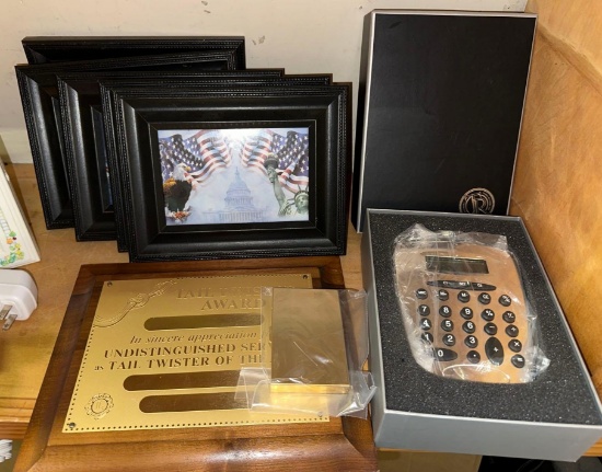5 Framed Flag & Eagle Prints, new calculator, Card Holder & Lions Club Tail Twister Award-unmarked