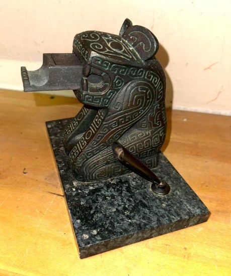 Bronze & Marble Aztec Style Jaguar Stamp Dispenser and Pen holder