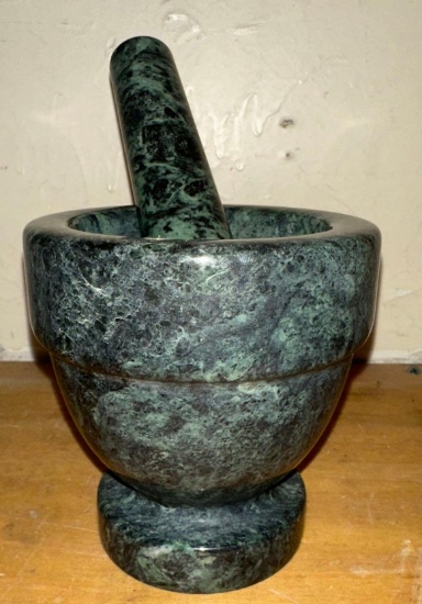 Italian Carved Green Alabaster Mortar and Pestel