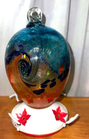 Beautiful Blown Glass Humming Bird Feeder