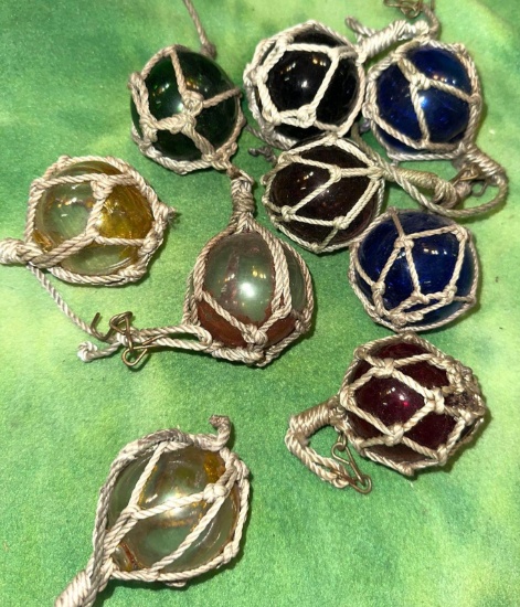 9 Fishing Net Floats with Original Ropes 1940's
