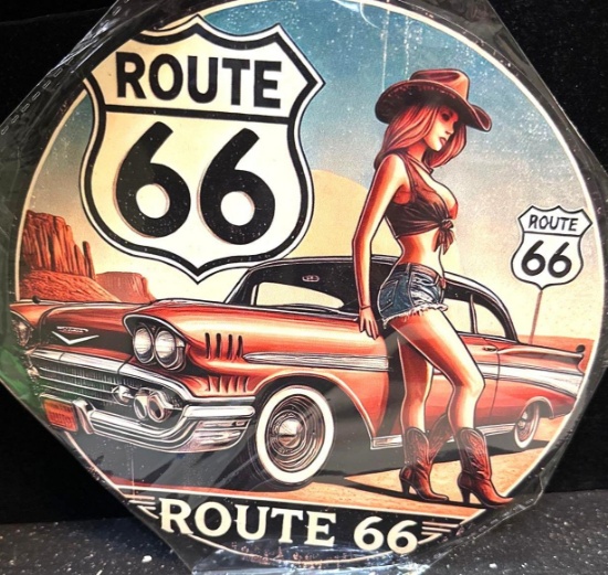 Round Metal Route 66 Sign with Hot Girl 7 1/2"