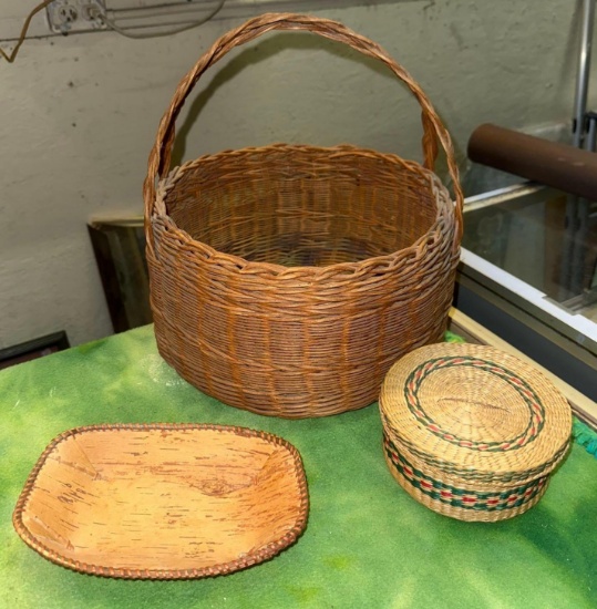 3 Native American Baskets- One 12" Made by Sieltz People, 1 Made from Sweet Grass & 1 Birch Bark