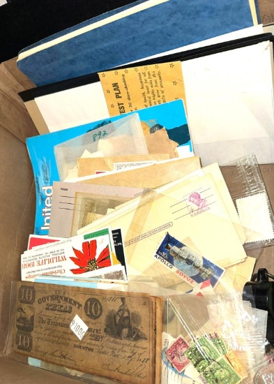 Box of Vintage Stamps, Coins and Collectibles