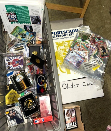 Bin of Sports Collectibles- Vintage Cards, Coins, Cigarette Holders and more