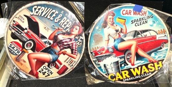 2 Metal Pin Up Girl Signs 8" Dia