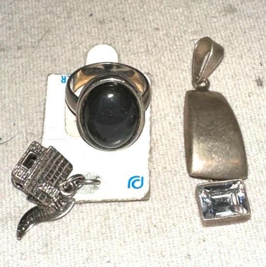 Sterling Silver Lot- Large Pendant, House Charm and Ring with Onyx Gemstone