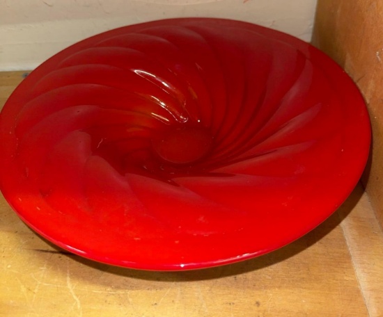 North Wood Red Chinese Coral Amberina UV Glow Bowl The Interior is Ribbed Dates from 1920's