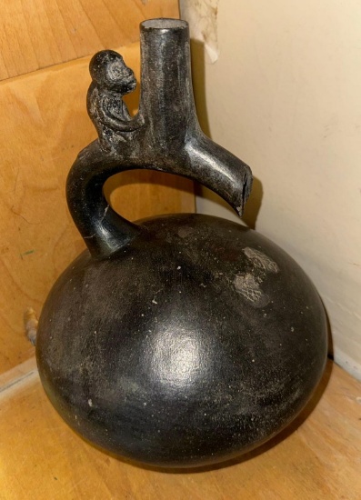 Old Black Peruvian Effigy water Pitcher with Fragment Missing