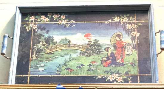 Astounding Serving Tray with Japanese Country Scene 18" long