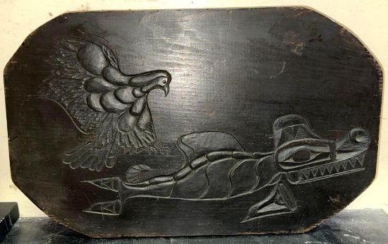 North West Coast Carving of an Orca and Eagle Signed "W" 15" x 9"