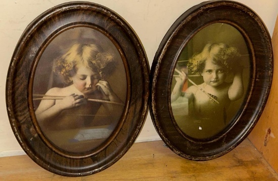 Pair of Turn of the 19th Century Hand Tinted Image of Cupid with Metallic Frame