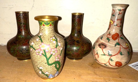 3 Vintage Cloisonne Bud Vases and Ceramic Bud Vase