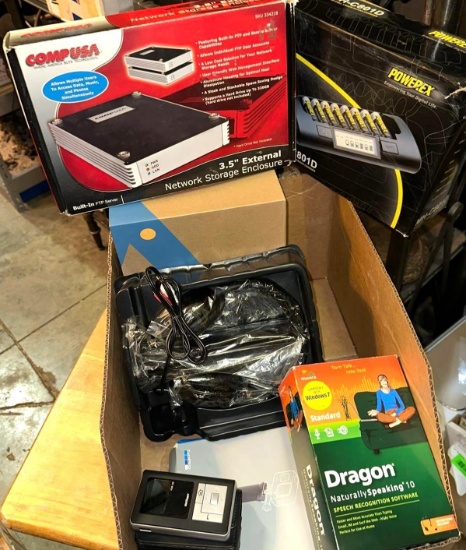 Electronics Lot- Dragon Speech software, Go Pro Handle, Headphones, Battery Charger etc