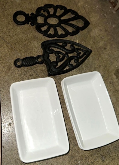 2 Antique Wilton Cast Iron Trivets and Set of 5 American Airlines Dishes