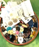 Old Tin of Buttons, Glass, Military, Crystal Etc